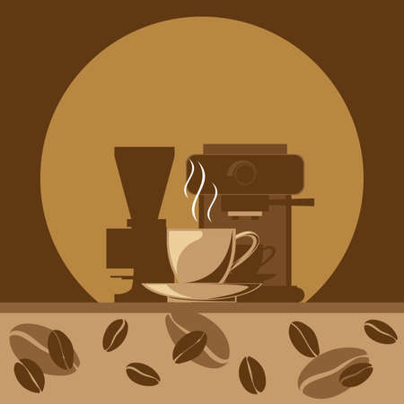 A hot cup of coffee signs and coffee making machine with beans on brown background, digital vector imageのイラスト素材