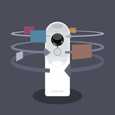 A white 360 degree camera video recorder with apps and functions icons, digital vector imageのイラスト素材