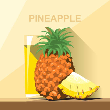 A glass of yellow pineapple juice, a whole big ripe pineapple with green leaves and a slice of pineapple on a table, digital vector image.のイラスト素材