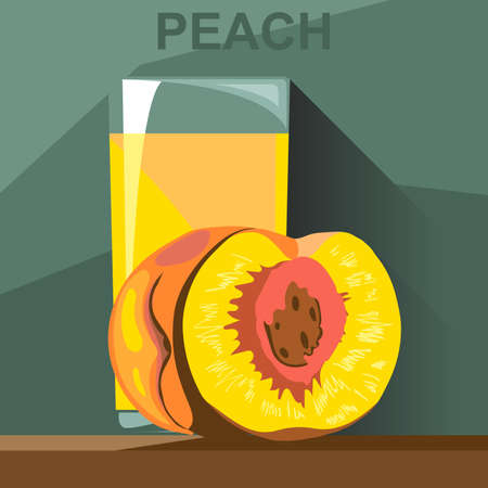 A glass of yellow peach juice and a half peach with kernel on a table, digital vector image.のイラスト素材