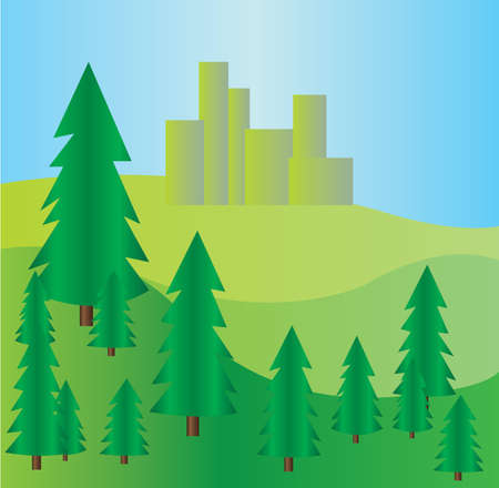 Pine trees at mountains landscape with blue skies. Digital background vector illustration.のイラスト素材