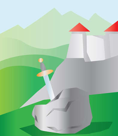 A sword in a stone, near a castle with red roof in green mountains. Digital background vector illustration.のイラスト素材
