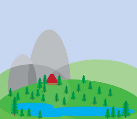 Green trees growing on silver hills with a blue background and a small red house near a blue lake. Digital background vector illustration.のイラスト素材