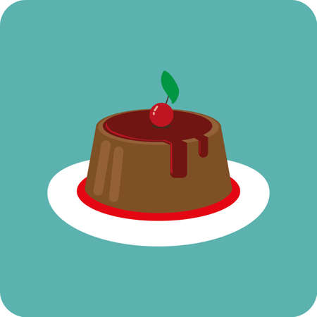 Candy card with a big chocolate cream cake, a red cherry with green leaf on top, over a green background. Digital vector image.のイラスト素材