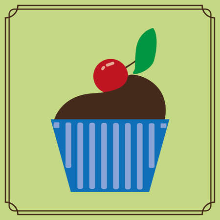 Candy card with a big chocolate cream cake, a red cherry with green leaf on top, over a green background with frames. Digital vector image.のイラスト素材