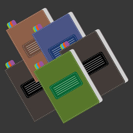 A set of colored writing notebooks card with colored marks, over a silver background, digital vector image.のイラスト素材