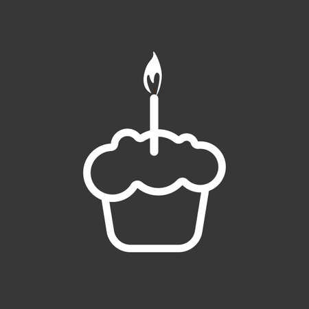 Card with a cream cake with a burning candle over a silver background, in outline style. Digital vector image.のイラスト素材