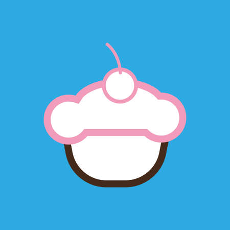 Card with a cream cake with a cherry on top over a blue background, in outline style. Digital vector...