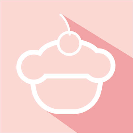Card with a cream cake with a cherry on top with shadow over a pink background, in outline style. Digital vector image.のイラスト素材