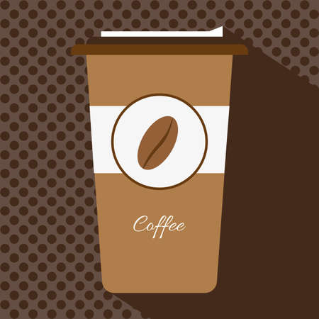 A brown cup of hot coffee with a cap and the logo of a coffee bean, in outlines, over a brown background with dots, digital vector imageのイラスト素材
