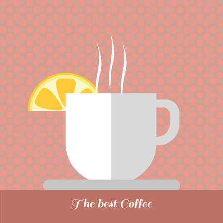 A white cup of coffee with steam and a slice of lemon on top with best coffee inscription, in outlines, over a red background with dots, digital vector imageのイラスト素材