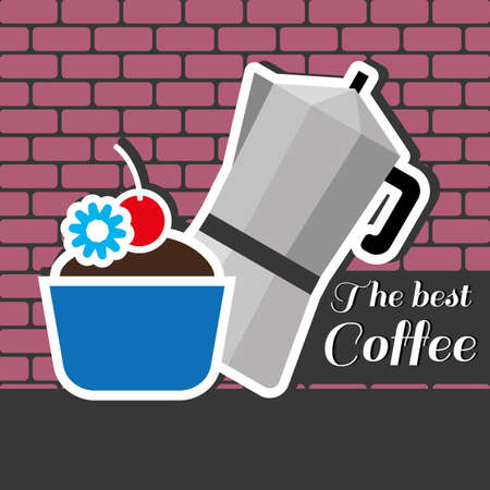 A silver metal jar of coffee with a blue cake with red cherry on top and best coffee inscription, in outlines, over a pink background with bricks, digital vector imageのイラスト素材