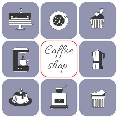 A set of coffee items, cup of coffee with steam, cake, glass, jug, jar, with coffee shop inscription, in outlines, over a white background, digital vector imageのイラスト素材