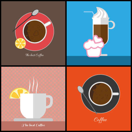 A set of coffee items, cup of coffee with bubbles,  glass with ice cream, cup with steam and a slice of lemon, in outlines, digital vector imageのイラスト素材