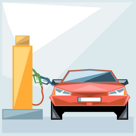 Red car at fuel station over blue background, front view, digital vector imageのイラスト素材