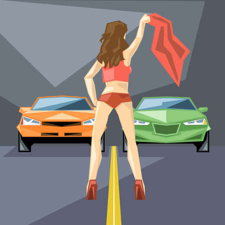 An orange and green cars at start for a racing and a girl in red with a neckerchief, front view, over silver background, digital vector imageのイラスト素材