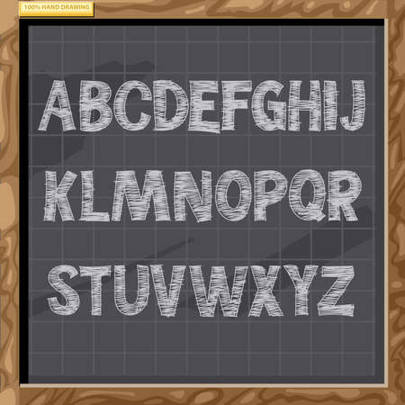 Hand drawn alphabet in white chalk style on a brown board with grid, capital letters, digital vector imageのイラスト素材