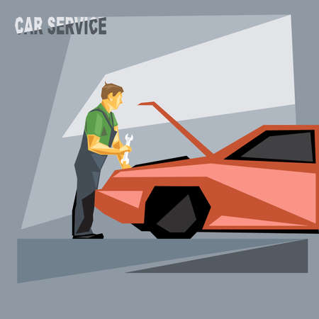 A mechanic in green and silver suit with tools, fixing a red car in car service, over silver background, digital vector imageのイラスト素材