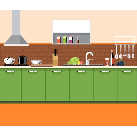 A kitchen plane with green furniture and brown bricks wall, with bottles, set of knives, wine, glasses, washstand and other accessories, digital vector imageのイラスト素材