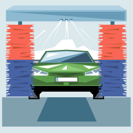Green car wash at station with jet of water and red and blue cleaners, front view, digital vector imageのイラスト素材
