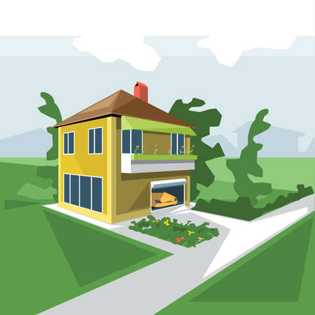 A house in 2 floors, view from perspective, with flowers at the balcony and a yellow car in the garage and green garden, digital vector imageのイラスト素材