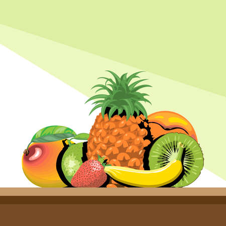 A set of fruits with shadow, pineapple, mango, peach, kiwi, banana, strawberry and lemon, digital vector image.のイラスト素材
