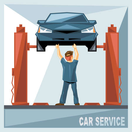 A mechanic in blue suit fixing a blue car in car service, over silver background, digital vector imageのイラスト素材