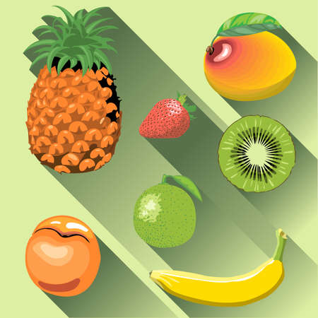 A set of fruits with shadow, pineapple, mango, peach, kiwi, banana, strawberry and lemon, digital...