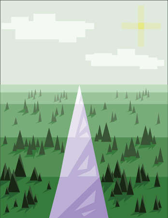 Abstract landscape with pine trees, snow, sun and purple road, over a light green background.のイラスト素材