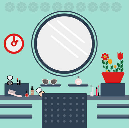 Woman make up room with fashion accessories and red flowers, with a green background. Digital vector image.のイラスト素材