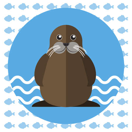 Abstract illustration with a walrus on blue water with waves in a round blue frame, over an white background with fish. Digital vector image.のイラスト素材