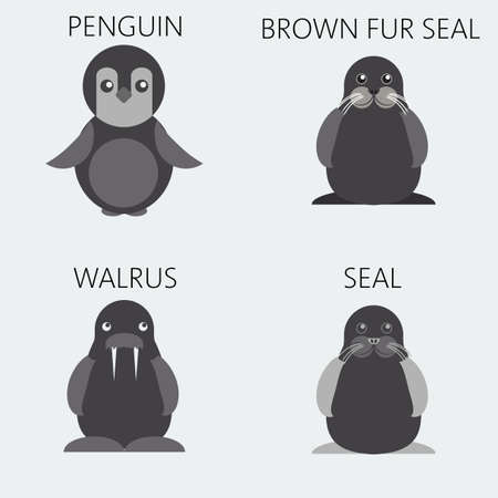 Abstract illustration with silver sea animals set, a penguin, walrus, brown fur walrus and seal, over a white background. Digital vector image.のイラスト素材