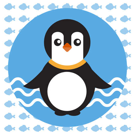 Abstract illustration with a baby penguin on blue water with waves in a round blue frame, over an white background with fish. Digital vector image.のイラスト素材