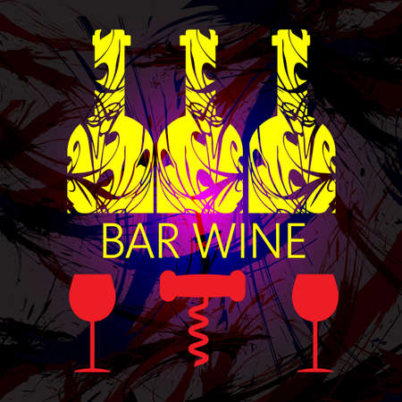 White wine and tasting card, yellow bottles with red glass and corkscrew over dark water color background. Digital vector image.のイラスト素材
