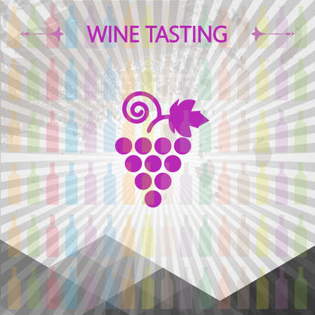 Wine tasting card, big grape sign over colored bottles background with lines. Digital vector image.のイラスト素材