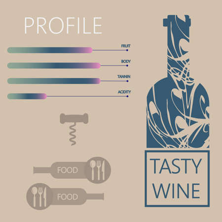 Tasty wine and food restaurant info graphic with components, bottle, spoon, knife and fork signs in outlines over light brown background. Digital vector image.のイラスト素材