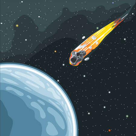 Burning comet flying in space to planet earth. Digital vector image.のイラスト素材