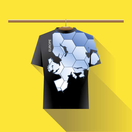 Abstract black shirt with europe blue logo with hexagon cells and text on a hanger in wardrobe over yellow background. Digital vector imageのイラスト素材