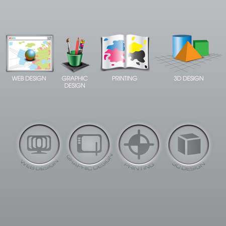 Web design, graphic design, print and 3d icons collection set. 3d colored and simple signs. Silver background. Digital vector image.のイラスト素材