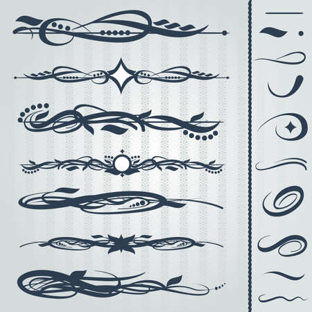 Abstract blue floral and vintage shape frames set in outline. Digital vector image.のイラスト素材