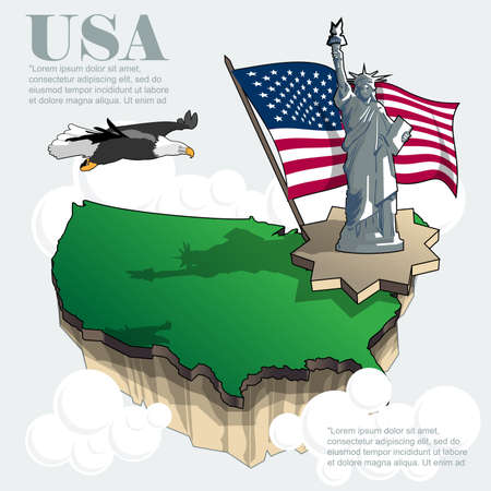 Usa country infographic map in 3d with country shape flying in the sky with clouds, big flag, liberty statue and flying eagle. Digital vector imageのイラスト素材