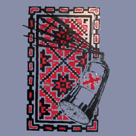 Abstract spray painting a red picture in square frame. In black outline style over purple...