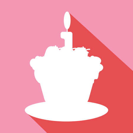 Candy card with a big chocolate cream cake with shadow, burning candle on top, over pink background...