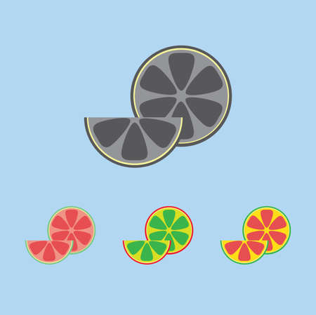 A lemon in section and a slice, in outlines, over a light blue background. Red, green, yellow and silver. Digital vector image.のイラスト素材