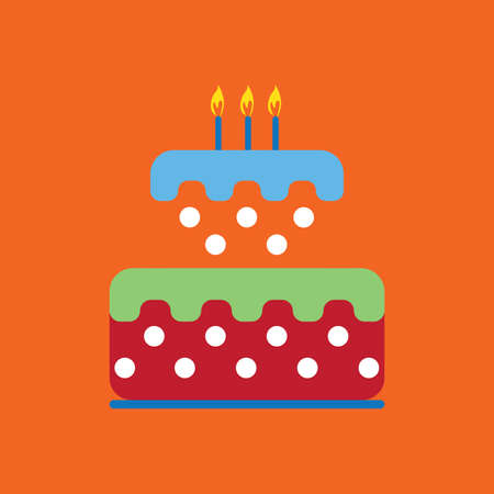 Candy card with a big colored cream cake with dots, burning candles on top, over orange background....