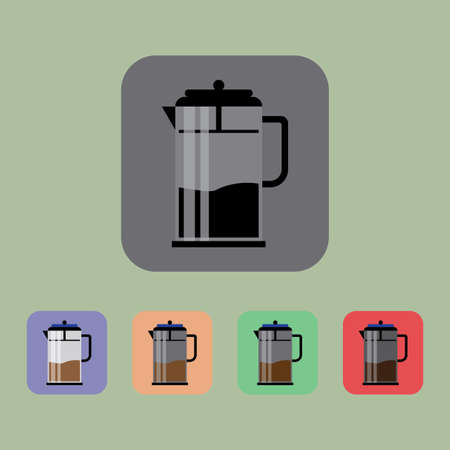 A jug of coffee set, over a light green background. Purple, orange, black and red. Digital vector imageのイラスト素材