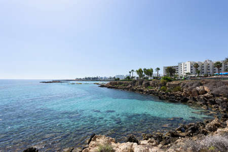Photo of sea in protaras, cyprus island with rocks and hotels.の写真素材