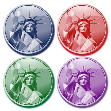 Fourth of july independence day card set, with statue of liberty in blue, red, green and purple colors. Digital vector imageのイラスト素材