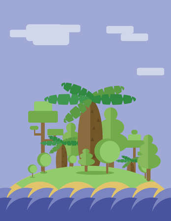 Abstract landscape design with green trees, clouds and ocean waves ion an island, flat style. Digital vector image.のイラスト素材