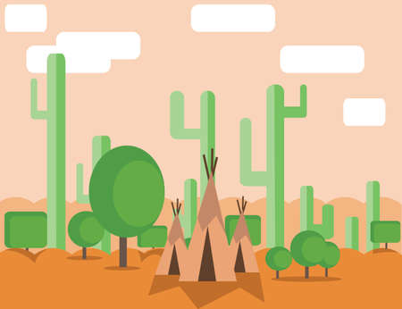 Abstract landscape design with green cactus trees, clouds and indian tents in the desert, flat style. Digital vector image.のイラスト素材